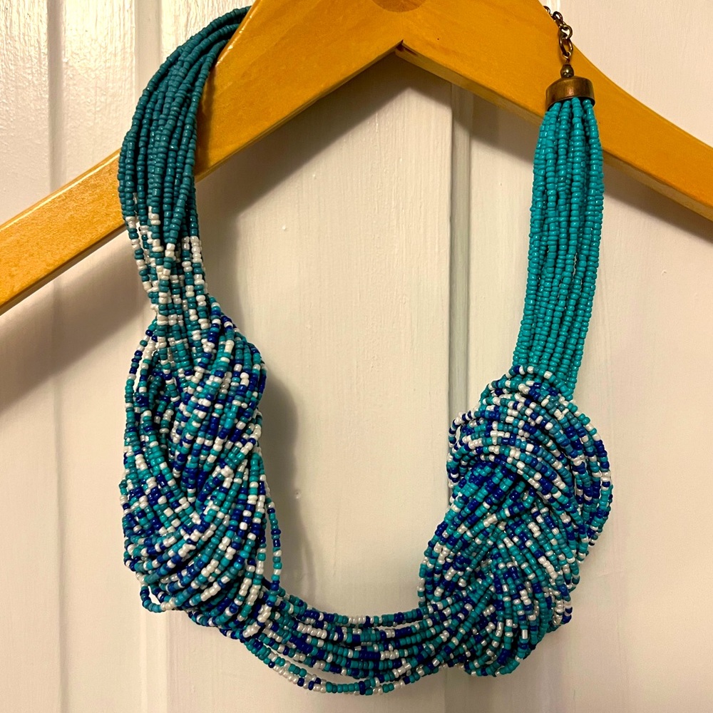 Bohemian Aqua Beaded Multistrand Double Knot Statement Necklace Blue White 24"